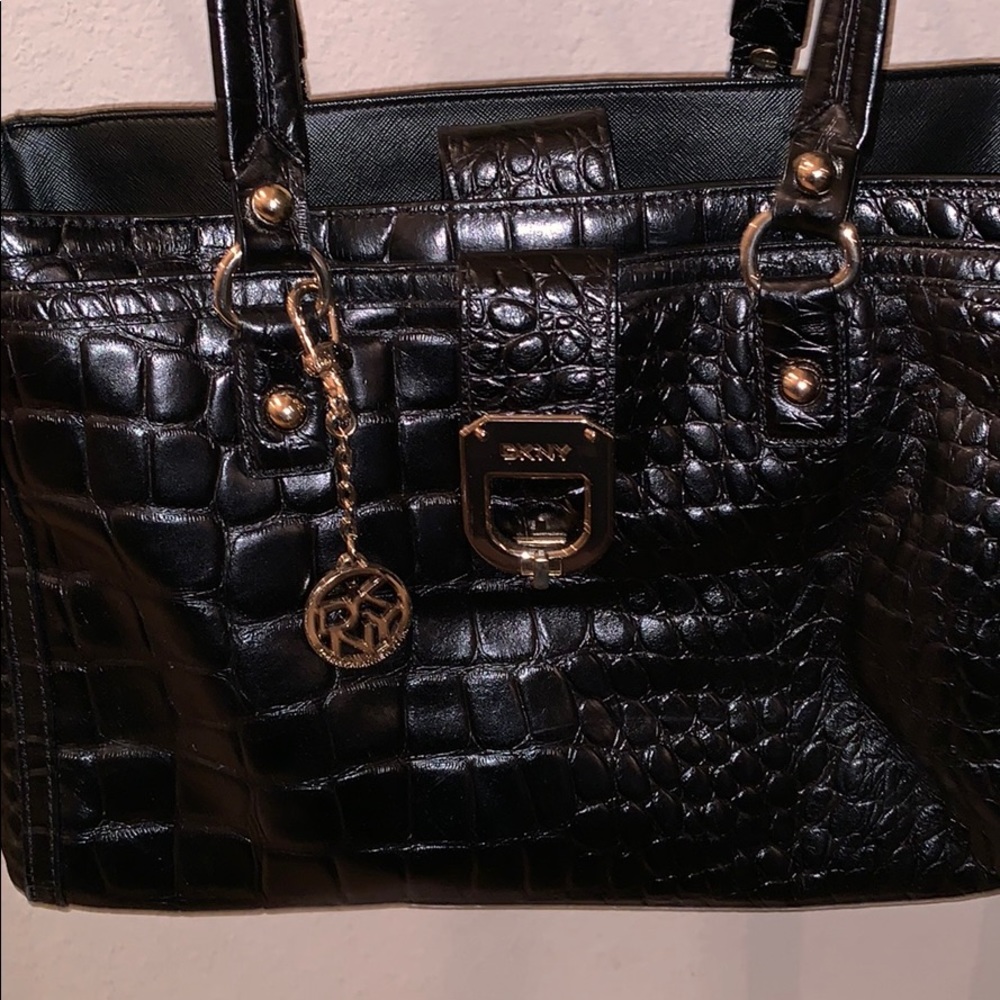 Black and Gold DKNY Leather Crocodile Embossed Handbag
